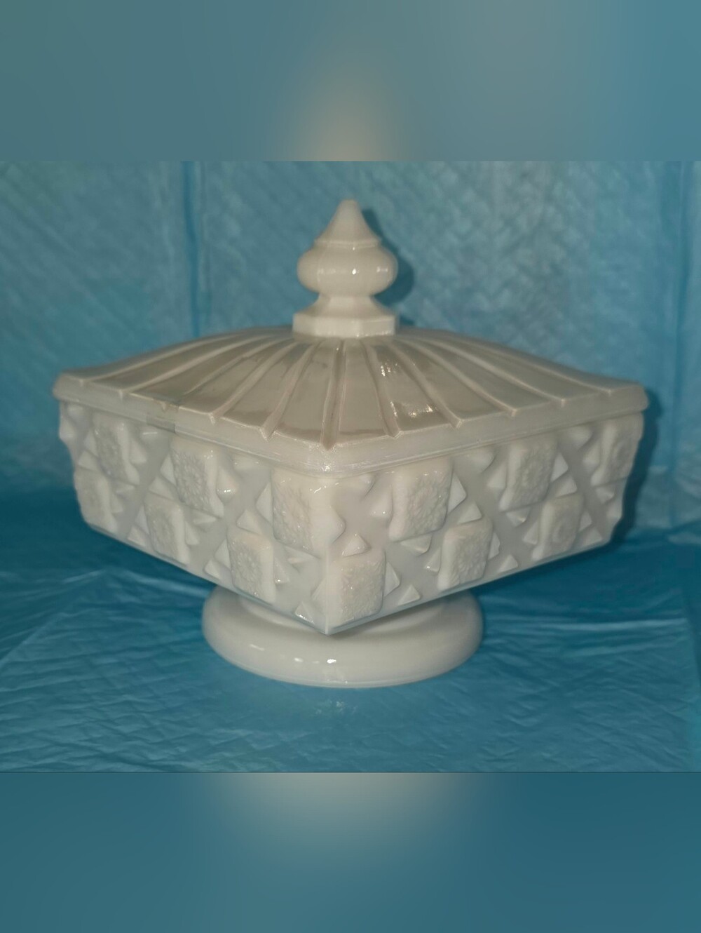 Westmoreland Milk Glass Pedestal Square Candy Box  "Old Quilt" Pattern